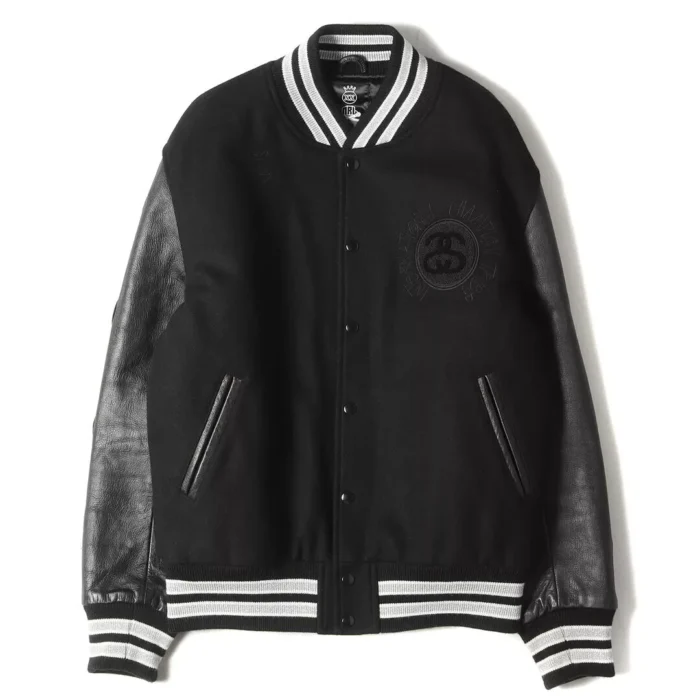 stussy black leather jacket